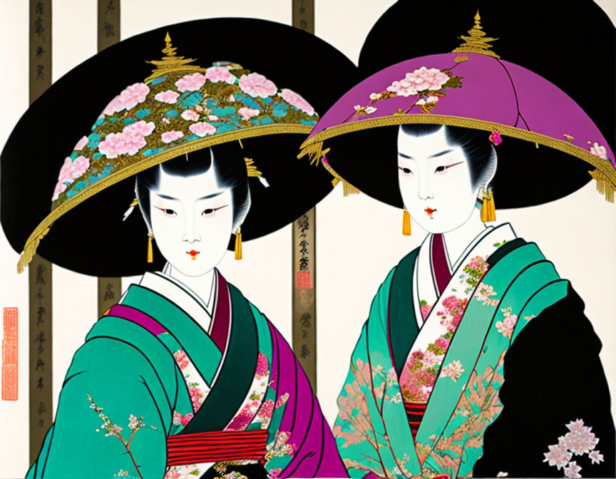 Traditional Japanese Geishas in Colorful Kimonos and Hair Accessories