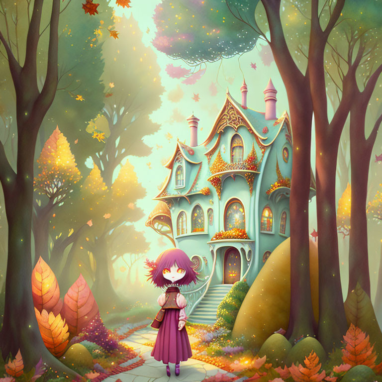 Colorful illustration: Girl in purple coat by whimsical house in enchanted autumn forest