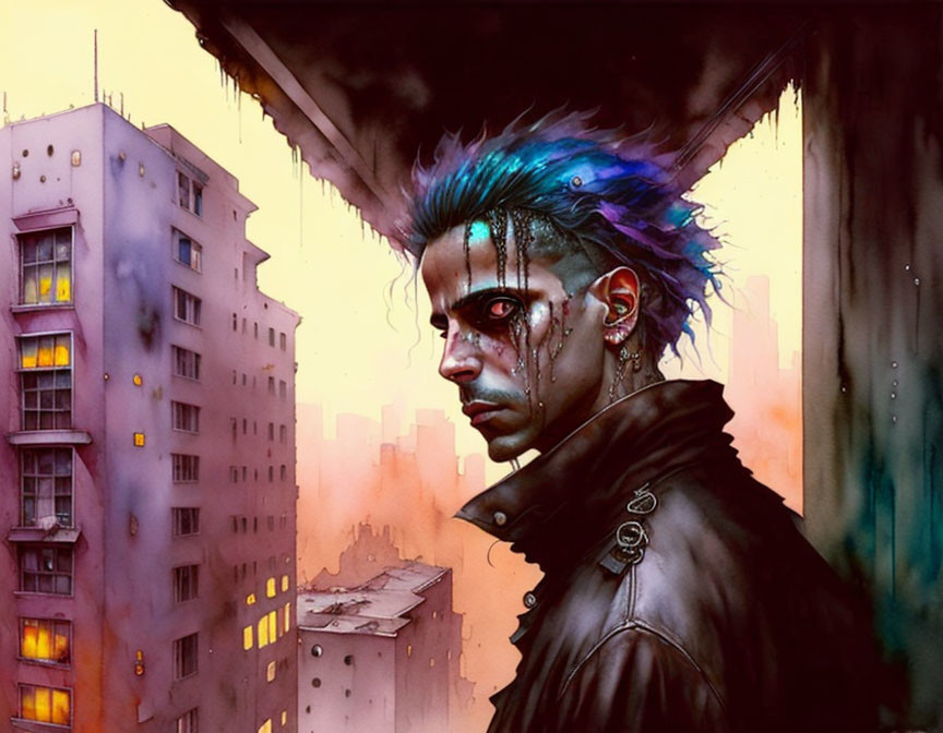 Portrait of person with blue spiky hair and studded collar in dystopian cityscape