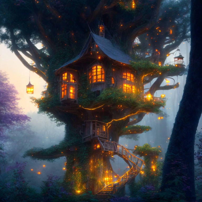 Magical treehouse with glowing lanterns in misty forest at twilight