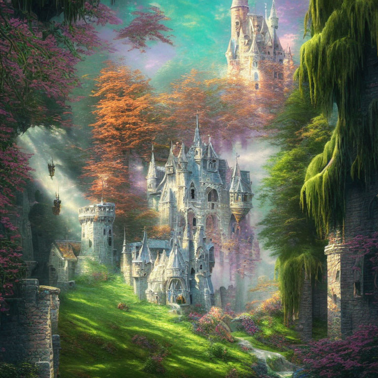 Enchanting fairytale landscape with castles, lush greenery, colorful flora, and mystical