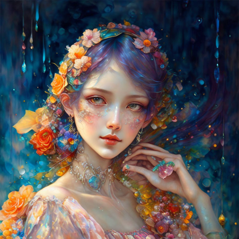 Fantasy portrait of young woman with purple hair, adorned with flowers and jewels, gazing amidst falling