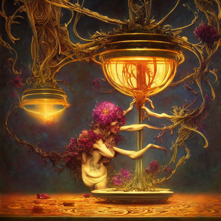 Fantasy artwork of luminous tree, lamp, figure, flowers in mystical setting