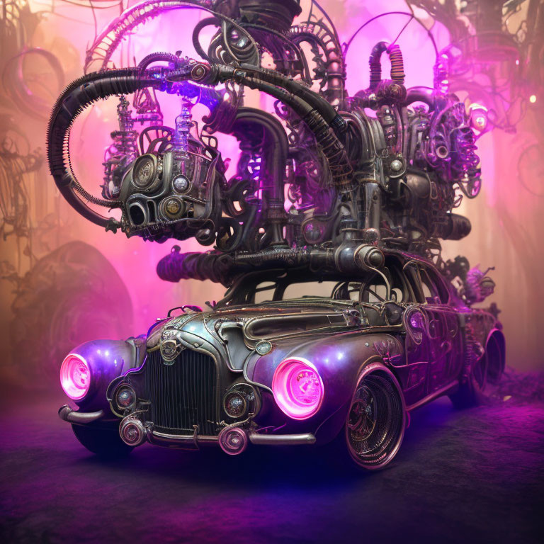 Vintage car with steampunk modifications and purple lights in misty setting