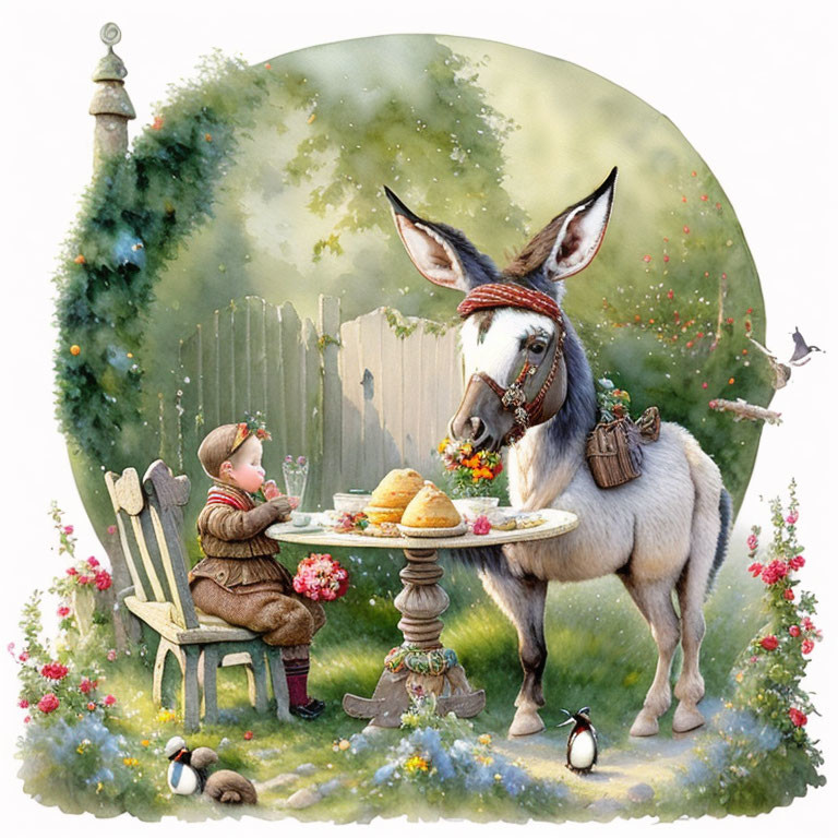 Child and donkey tea party with cakes and bird in outdoor scene