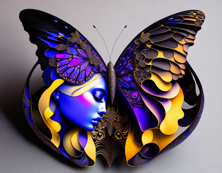 Woman's Face Merged with Butterfly in Purple and Gold Colors