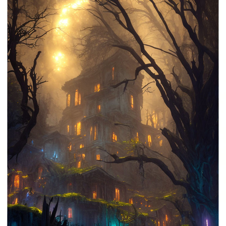 Eerie ancient building in misty forest with warm glow
