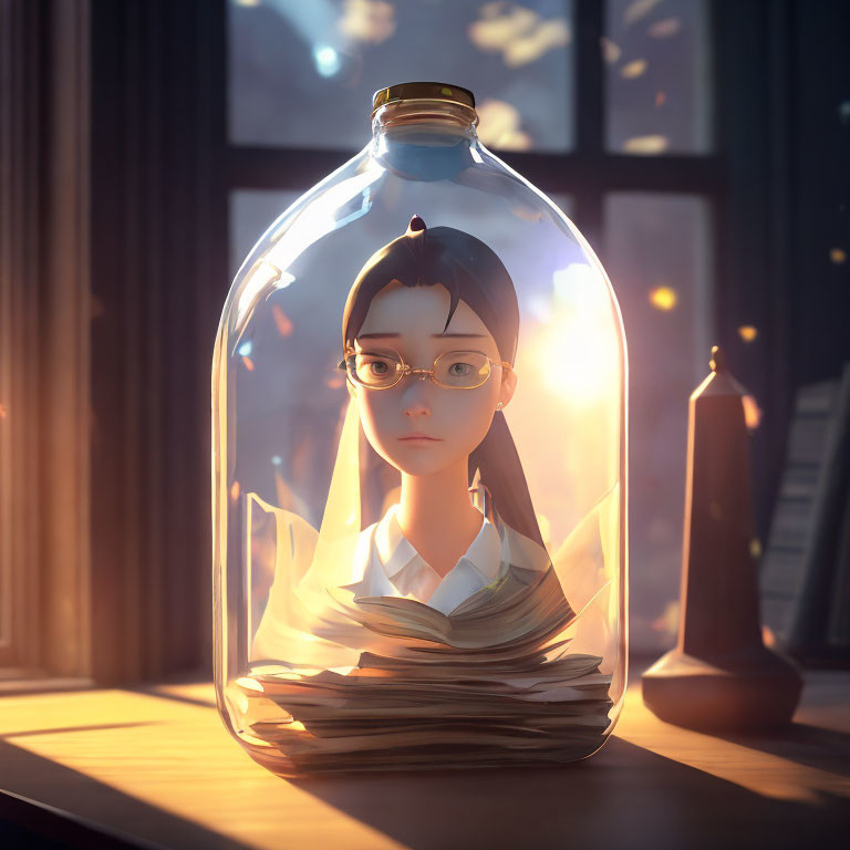 Digital artwork: Young woman in glasses trapped in glass bottle surrounded by papers with sunlight through window