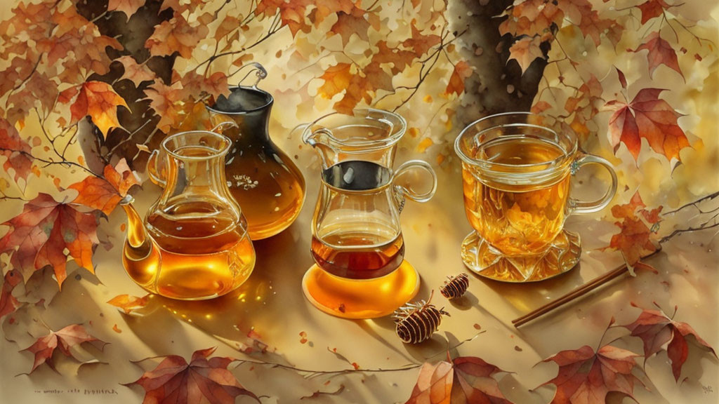 Glass teapots with amber tea, autumn leaves, and pine cones.