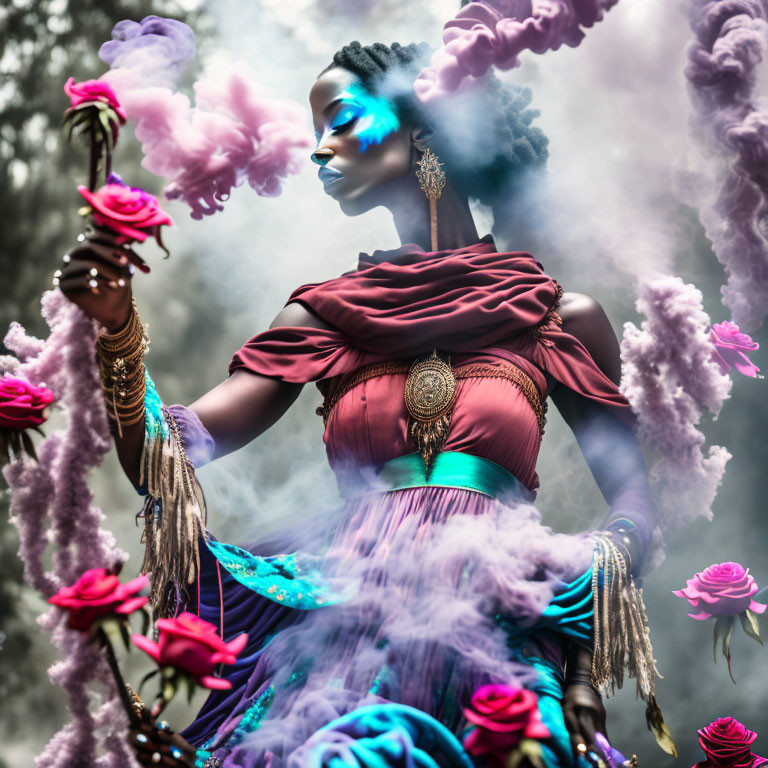 Woman in Vibrant Attire Poses Among Swirling Smoke and Roses