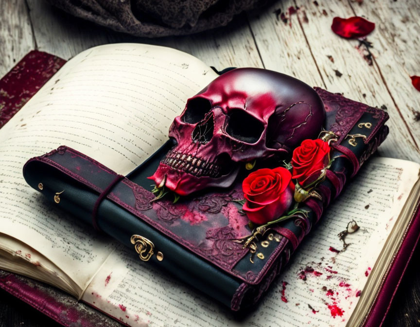 Crimson Painted Skull on Open Book with Red Roses and Petals