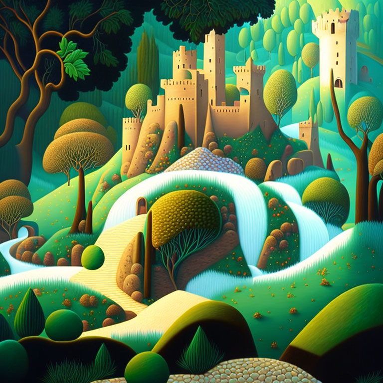 Whimsical illustration of lush green landscape with river and castle