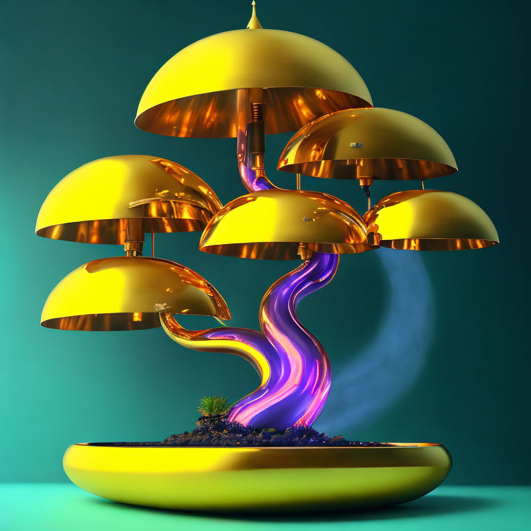 Golden whimsical tree with glowing mushroom canopies on curved base emitting purple light and mist