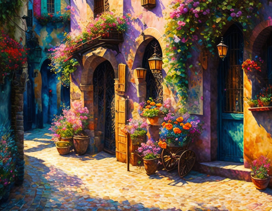 Cobblestone alley with vibrant flowers, rustic doors, bicycle, and Mediterranean-style architecture