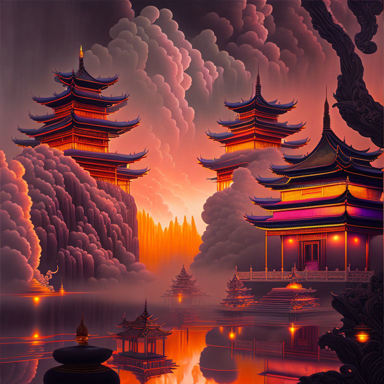 Tranquil Asian pagodas in fantasy landscape at sunset