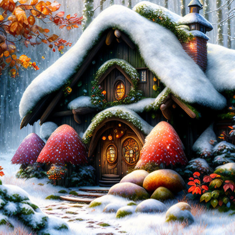 Snow-covered cottage with thatched roof in wintery forest