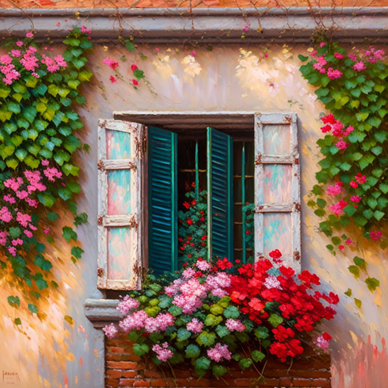 Window with shutters, red and pink flowers, ivy on ochre wall