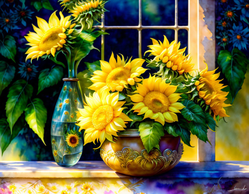 Vibrant sunflowers in blue vase on windowsill with colorful shadows