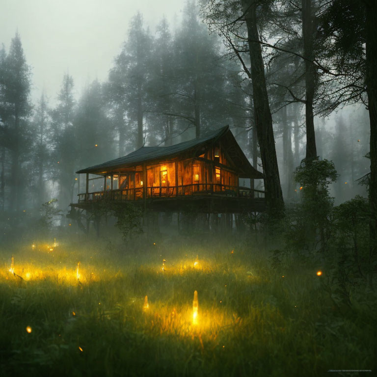 Ethereal forest scene: cozy cabin in misty glow