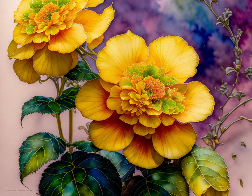 Vibrant Yellow-Orange Begonia Flowers Painting on Multicolored Background