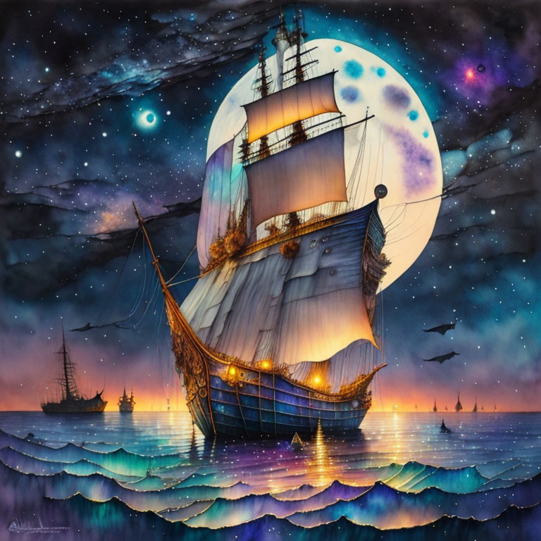 Vibrant illustration of majestic sailing ship on starry night