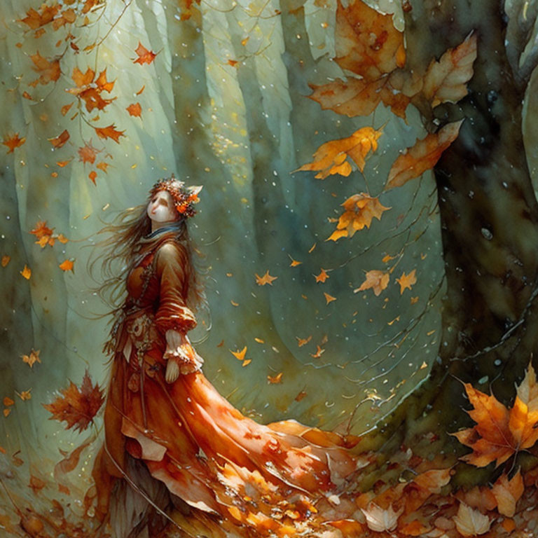 Woman in autumn-themed dress surrounded by falling leaves in forest