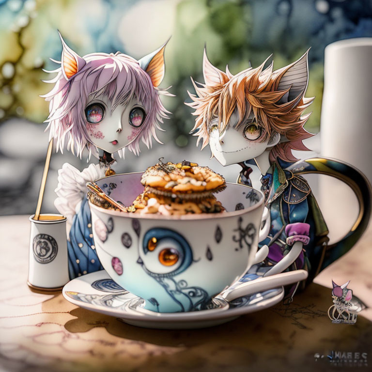 Anthropomorphic Cat Characters in Teacup with Cookies and Drink Can