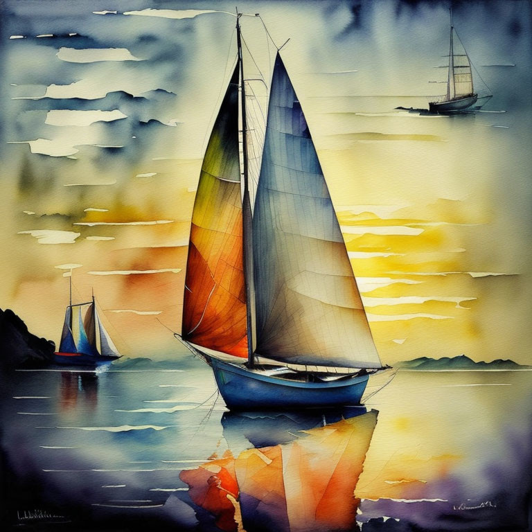 Vibrant watercolor painting of sailboats at sunset