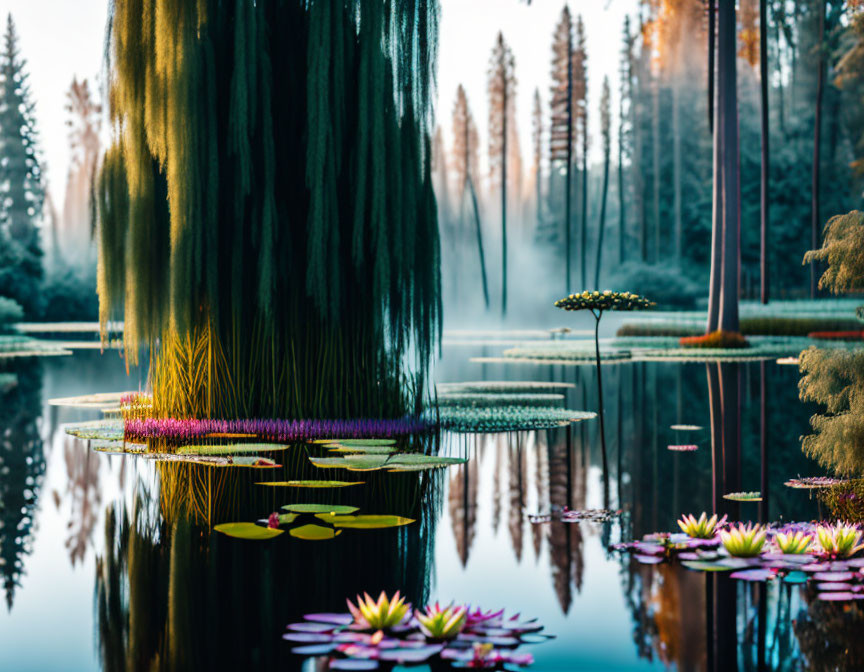 Serene lake scene with water lilies, mist, and morning light