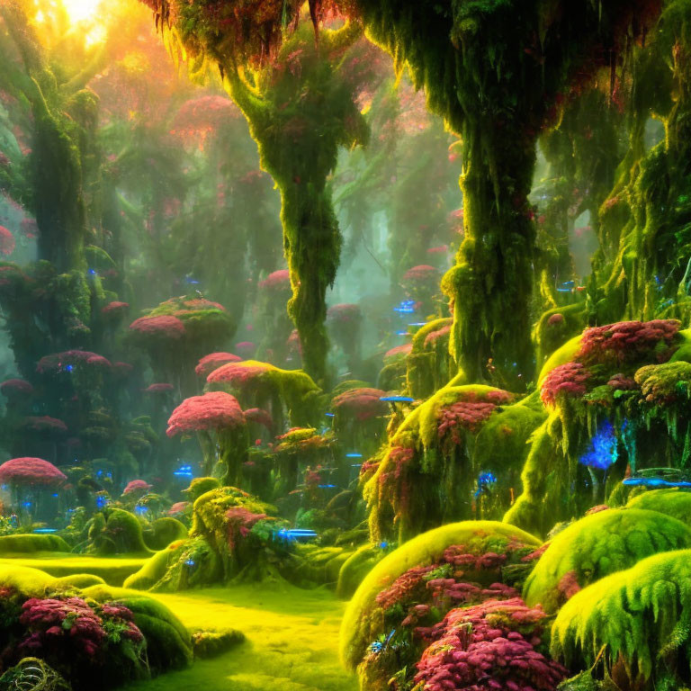 Enchanting forest with moss-covered trees and vibrant pink flora