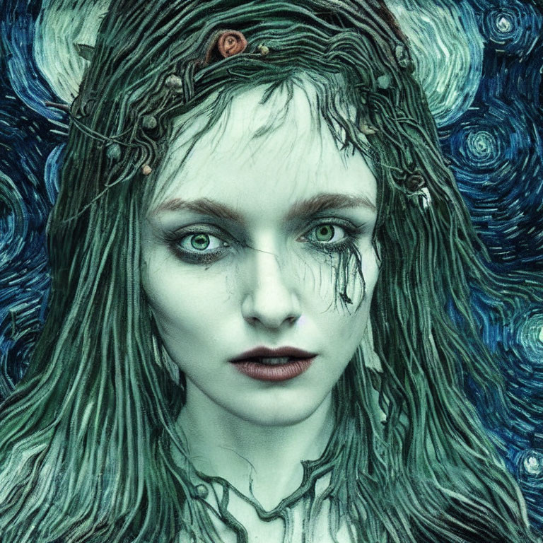 Mystical female figure with pale skin and vine-like hair in starry background