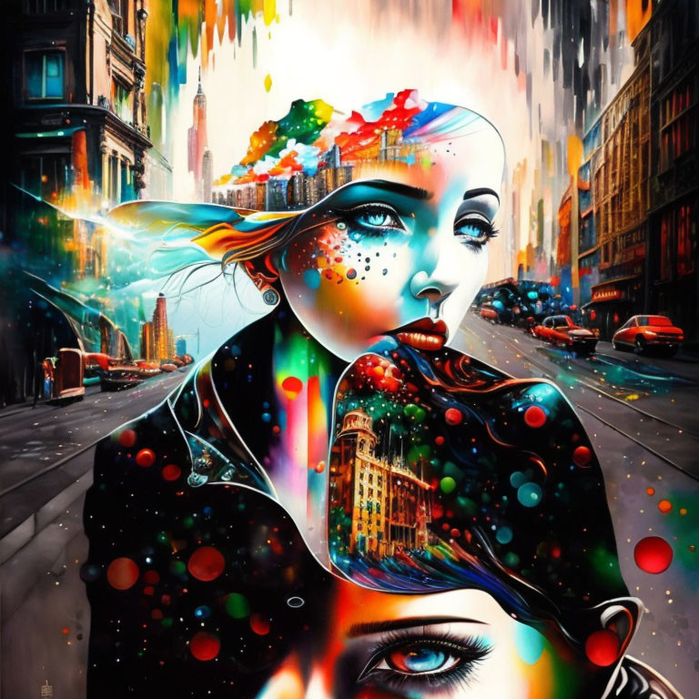 Woman's face blending with vibrant cityscape in colorful artistic representation