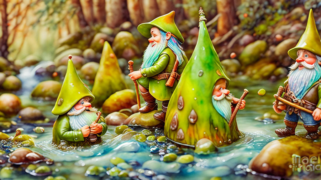 Whimsical garden gnomes in vibrant stream scenery