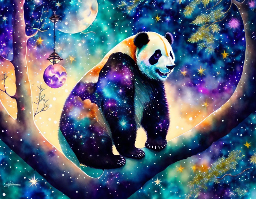 Colorful Panda Illustration with Cosmic Pattern on Branch at Night