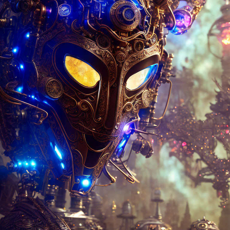 Detailed Golden Mask with Blue Glow Amid Machinery and Orbs