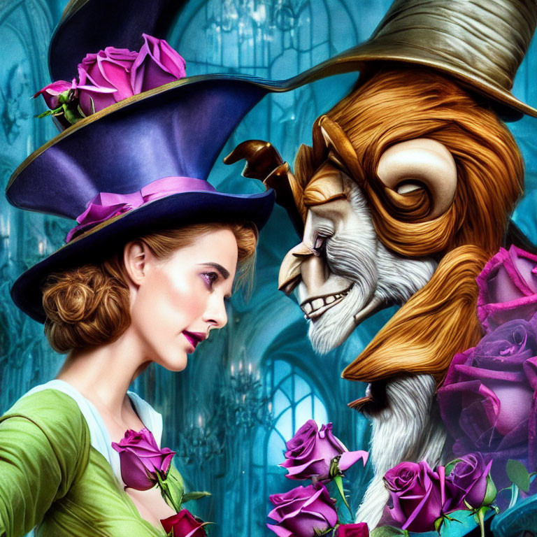 Woman in purple hat meets smiling creature among oversized roses in a blue fantasy scene