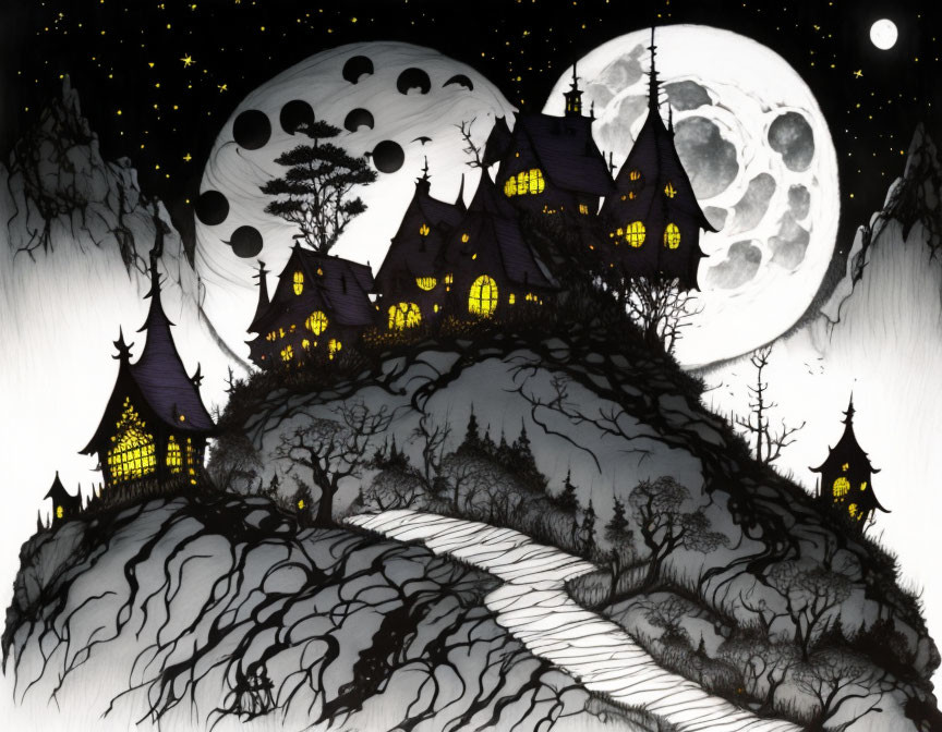 Spooky Gothic village with full moon, stars, and barren trees at night