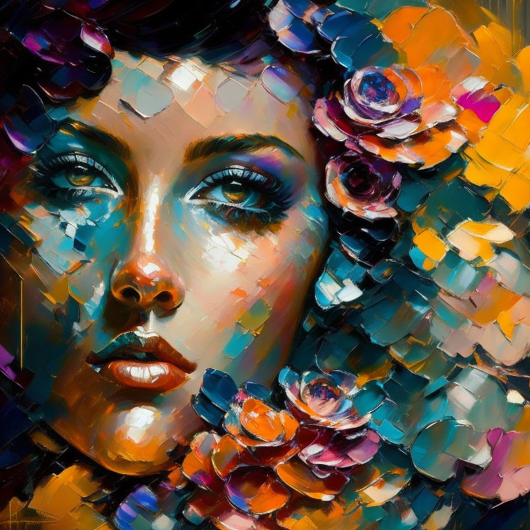 Vibrant impressionistic painting of a woman's face with bold strokes and floral hair.