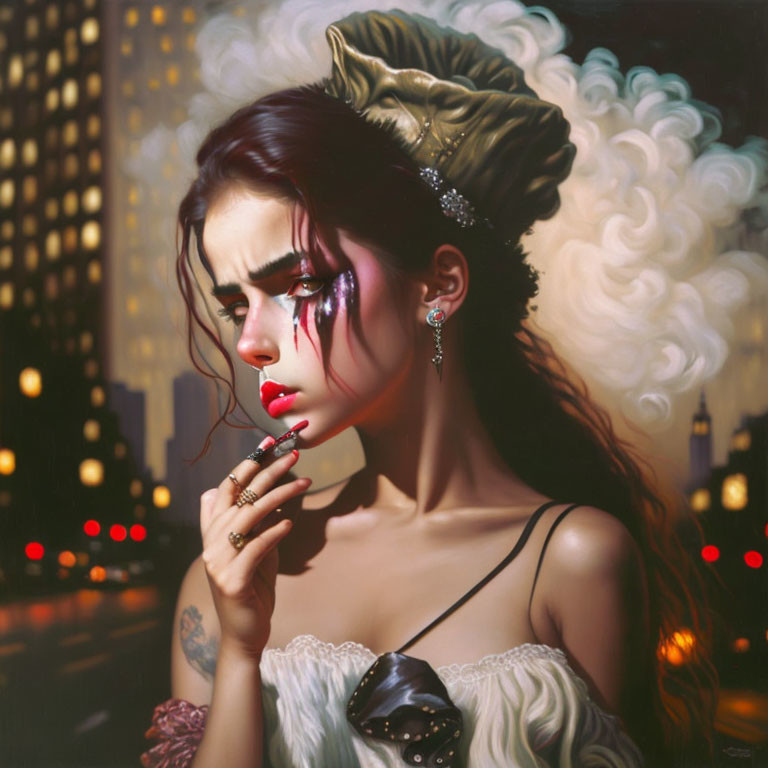 Digital artwork: Woman with elaborate hairstyle, dark makeup, corset, rings, against city backdrop at