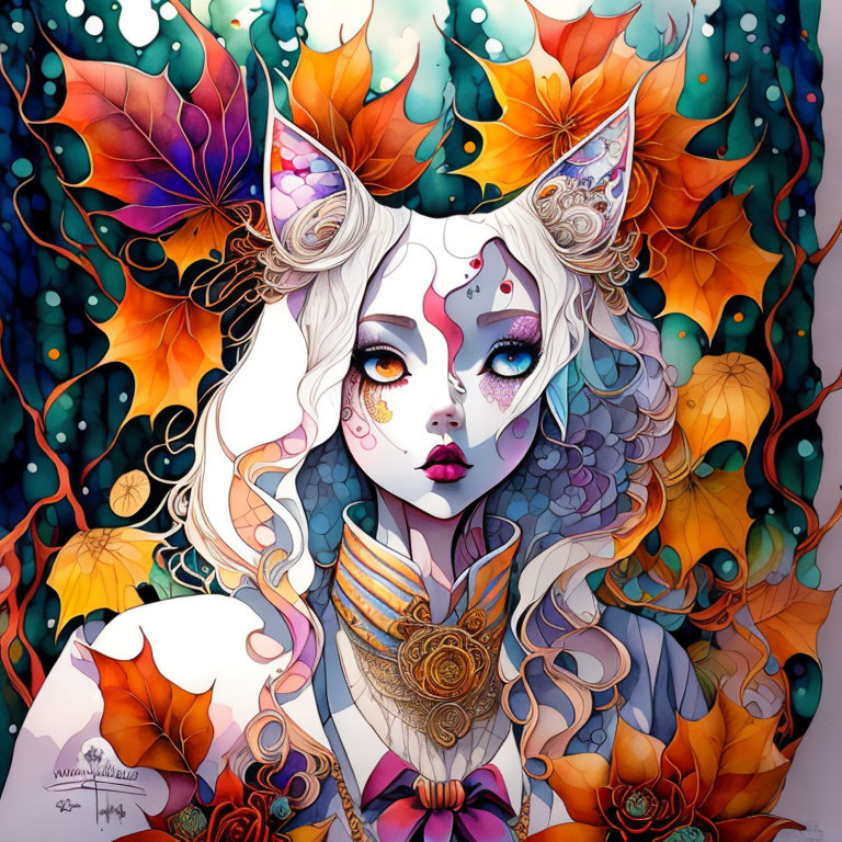 Fantasy female character with cat ears in vibrant autumn setting