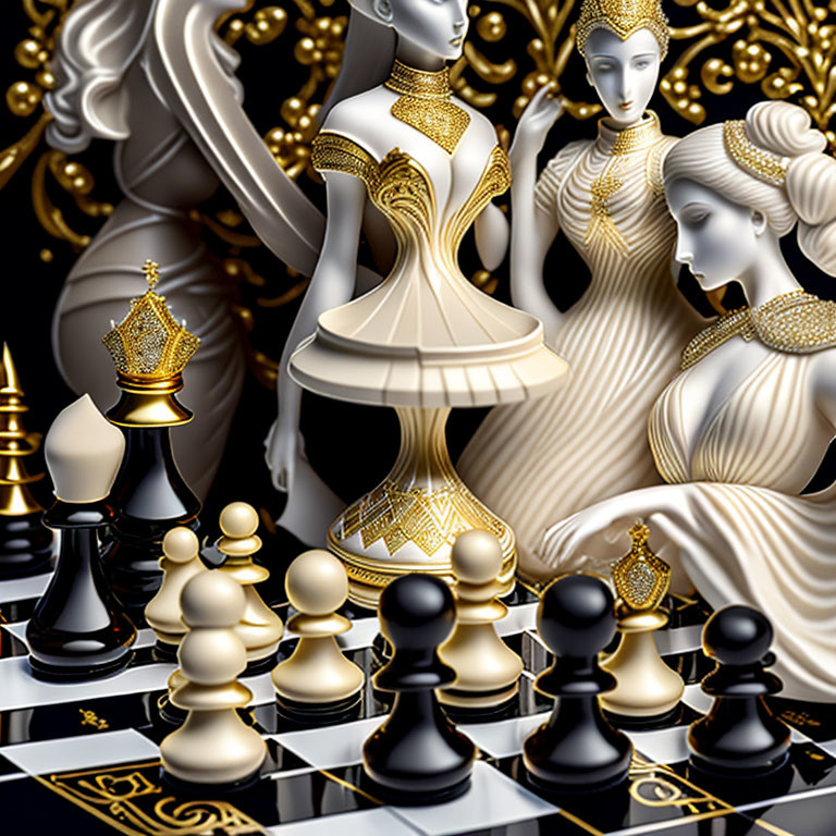 Luxurious Golden and White Chess Set with Detailed Figurines on Checkered Board