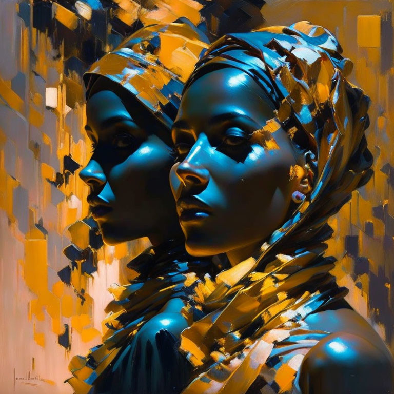 Abstract art: Two women with blue skin and golden headscarves in vibrant, geometric style