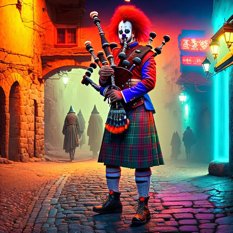 Colorful wig clown plays bagpipes in neon-lit alley in Scottish attire