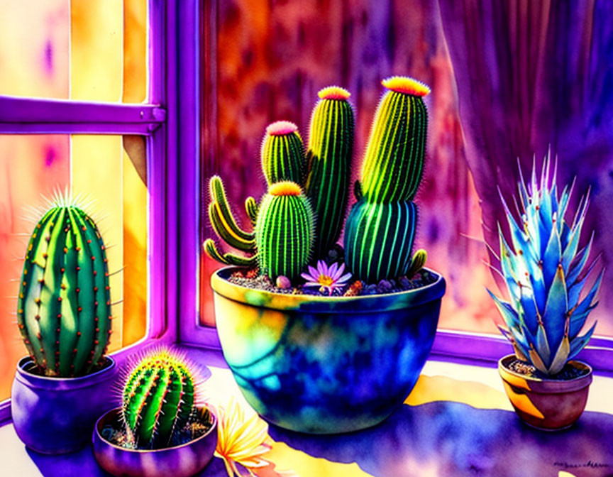 Colorful cacti painting by purple-tinted window