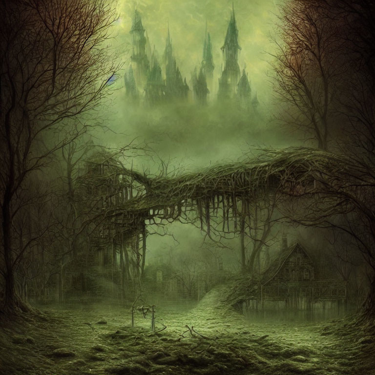 Gothic landscape with decrepit bridge, bare trees, fog, and distant castle