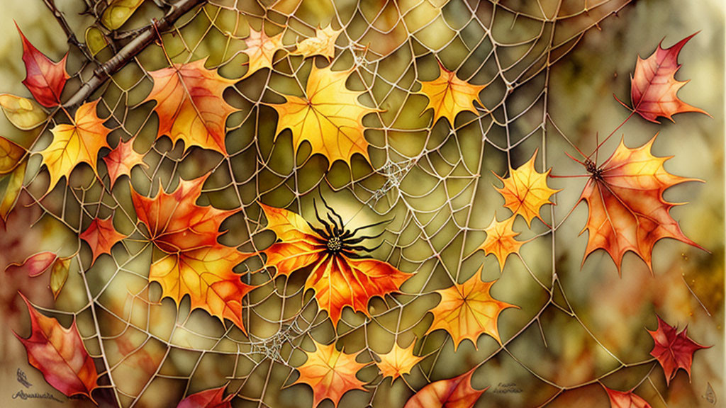 Spider in web surrounded by autumn leaves on blurred background