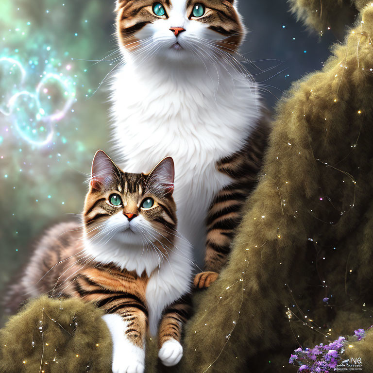 Realistic Cat Illustrations with Green Eyes on Cosmic Background