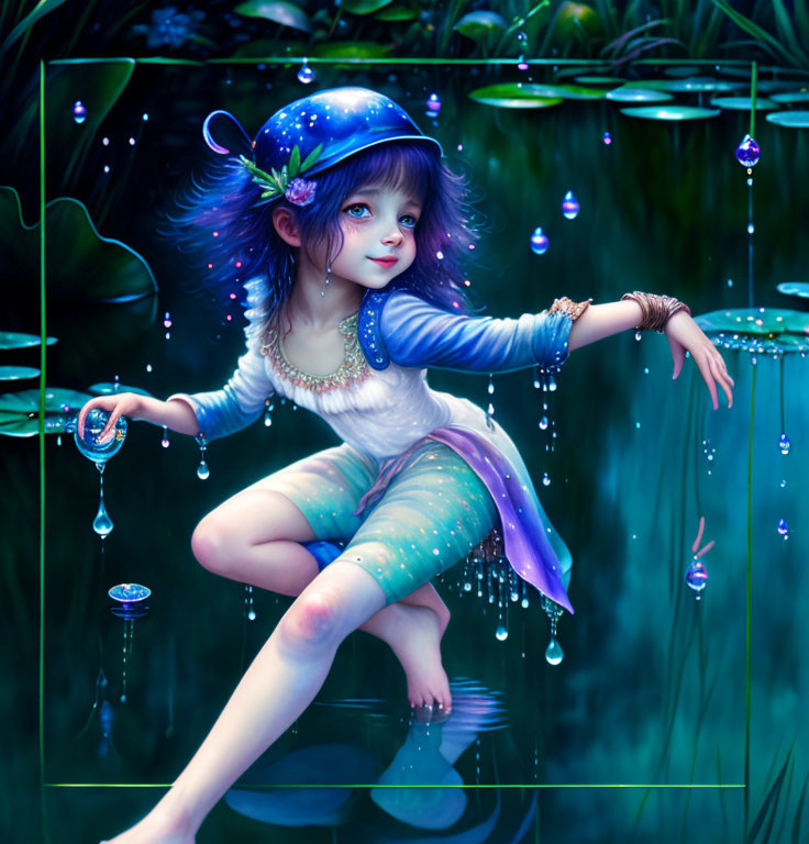 Young fairy with purple wings on leaf among water lilies in magical setting