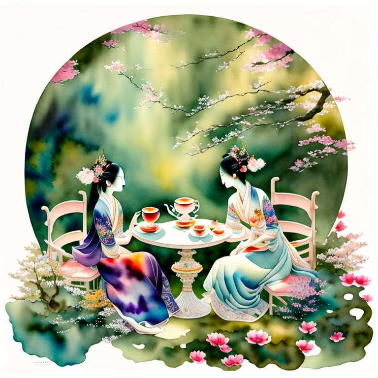 Traditional Attire Figures Enjoy Tea in Serene Garden