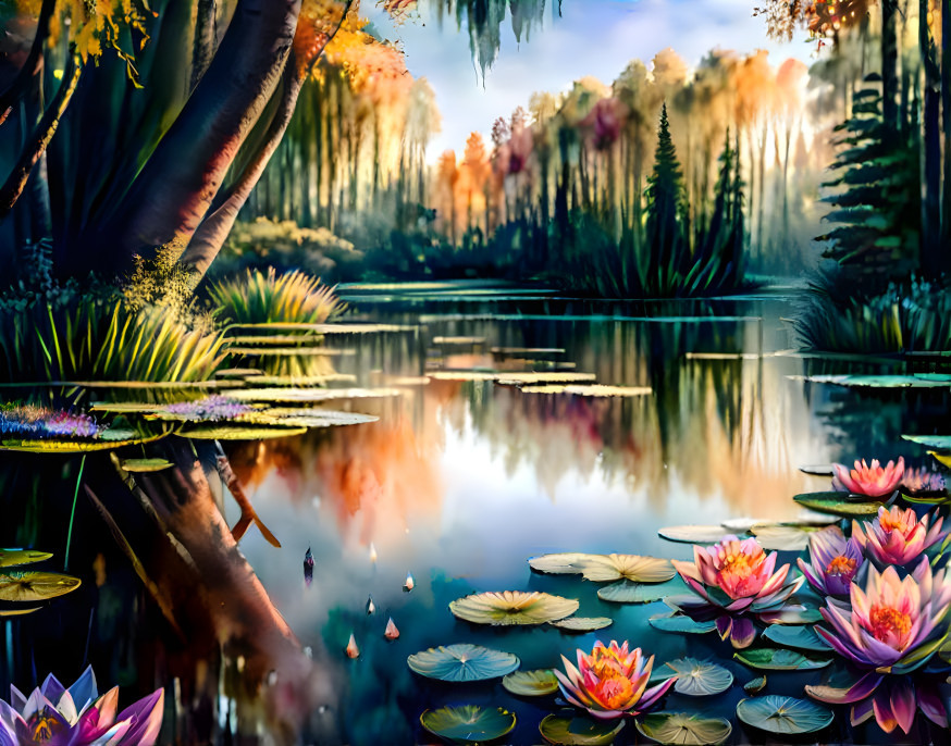 Forest lake with water lilies